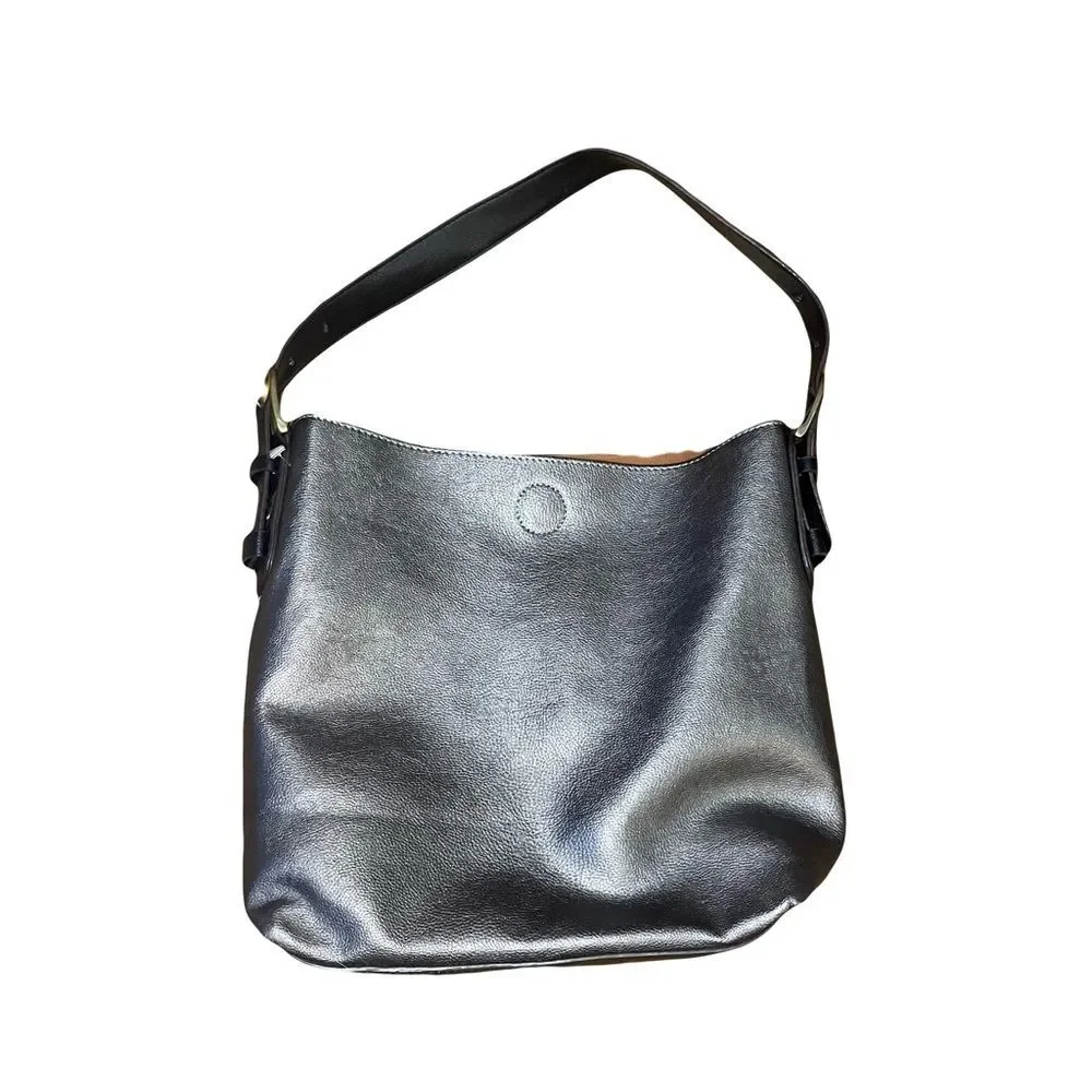 Elegant Dark Gray Black Leather Shoulder Bag antique gold hardware EUC